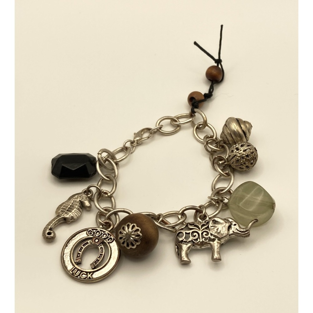 Silver Tone Charm Bracelet Elephant Seahorse Good Luck Horseshoe Wood Beads
